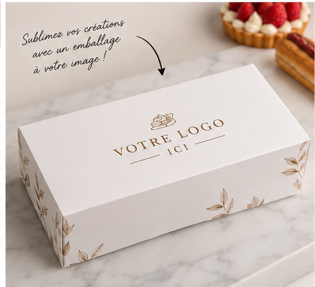 Boîte pâtissière blanche personnalisée avec zone d'impression pour logo