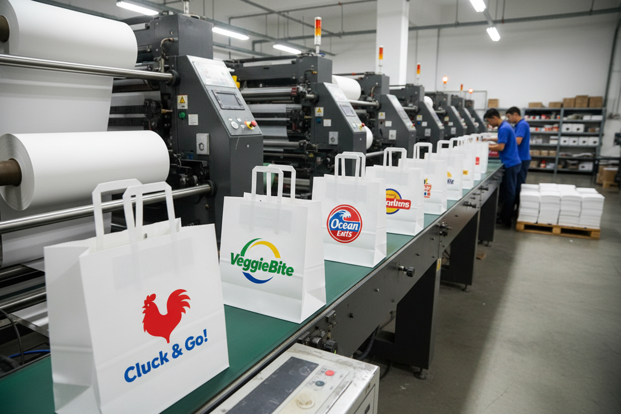 une impremierie qui fabrique des sac papier personnalisé pour la restauration rapide les sac sont blanc avec des poignée plates avec des logo coloré